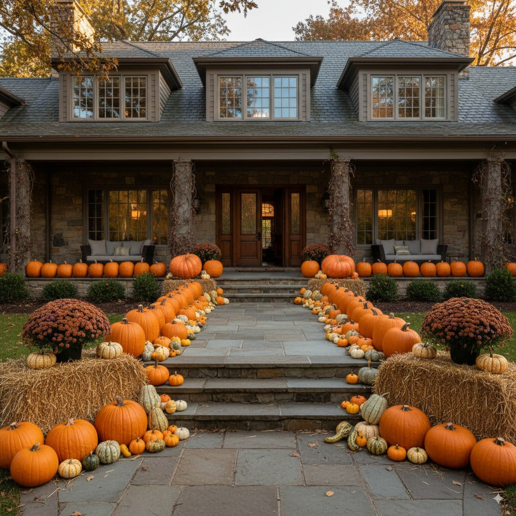 Decorative arrangement of pumpkins and gourds in front of a house during autumn.
