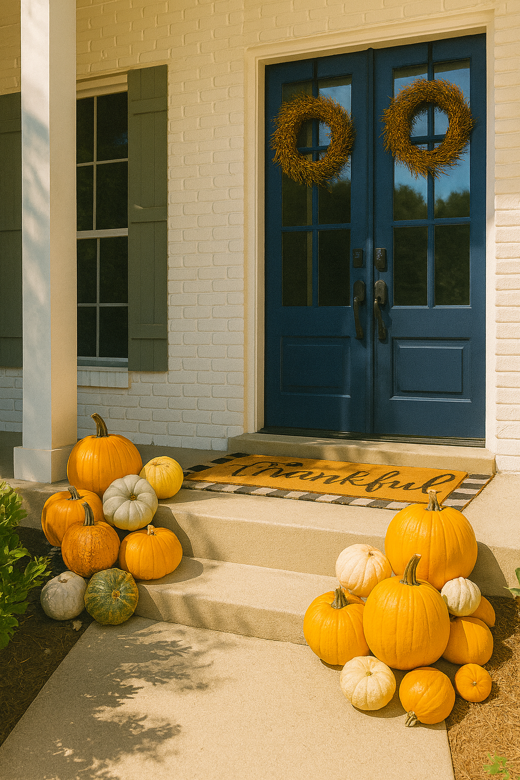 Front door with wreaths, pumpkins, and a 'Thankful' mat on a porch.