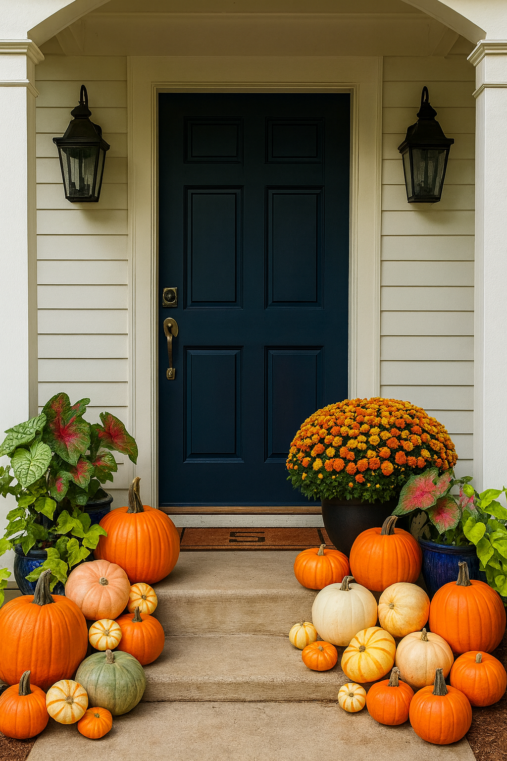 Decorative pumpkins and flowers on a front porch with a blue door.