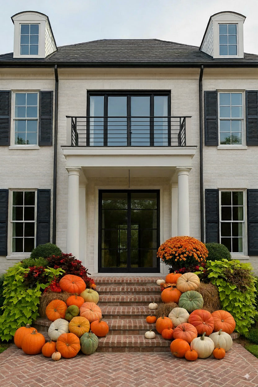 House exterior with decorative pumpkins on the steps and front yard.