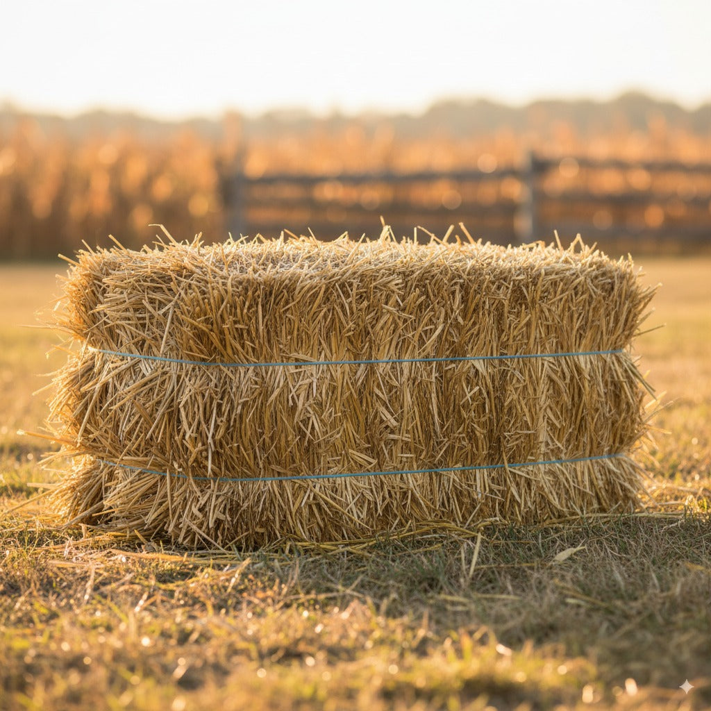 Stack of hay bales in a field with a blurred fence in the background
